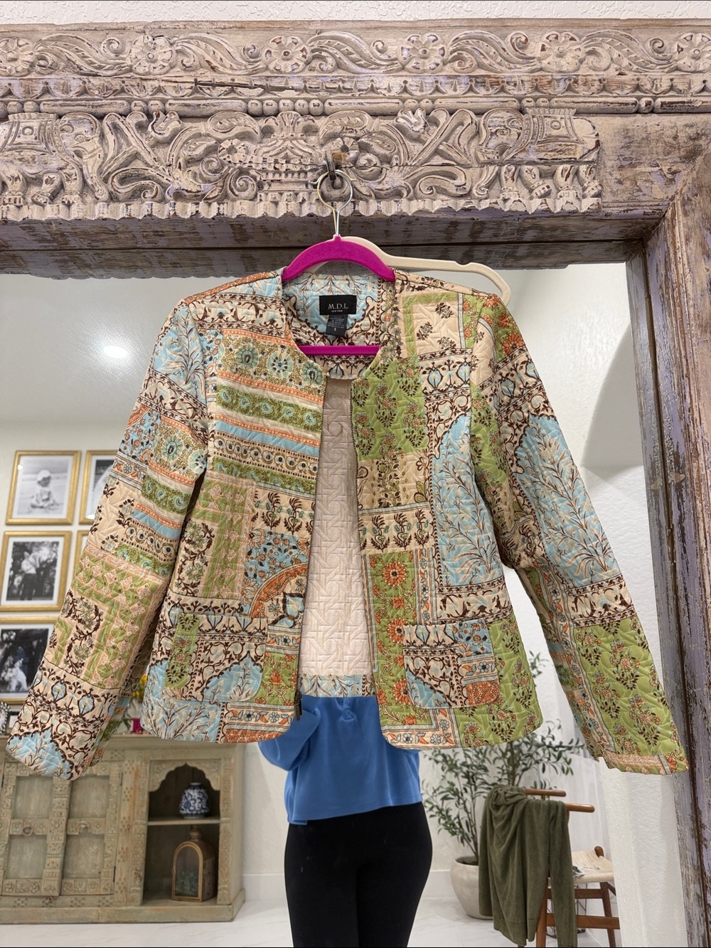 Patchwork Quilted Collarless Jacket in Green, Blue & Cream